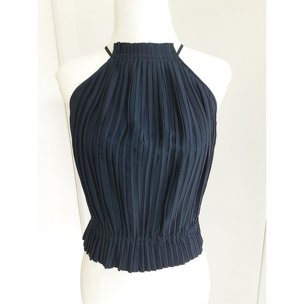 BANANA REPUBLIC Midnight Blue Pleated Mock Neck Halter Crop tank Top Sz M